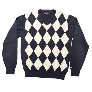 Ben Sherman Men Argyle Sweater V neck 100%‎ cotton Size 3 L Very dark Navy, golf